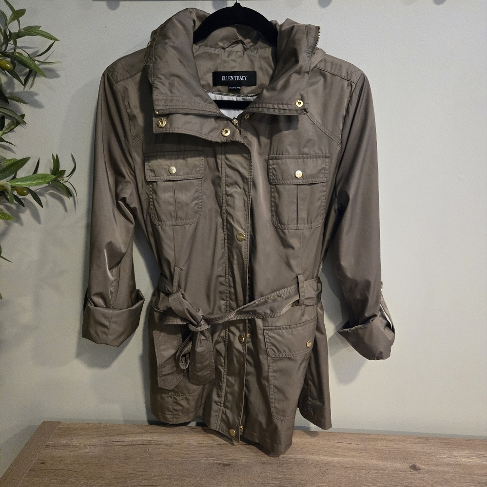 Ellen Tracy Olive Green Belted Hideaway Hood Rain Jacket